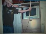 The bow shoots, in my estimation, around 110 mph, and is accurate up to about 65 feet. Im drawing back one of my handmade arrows, made of willow shoots, seagull fletching, pine pitch, sinew, and wooden arrowhead fire -hardened. This is a very beautiful full bending bow.