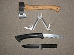 new blades for christmas. from top to bottom: 
wetterlings hatchet with hickory handle 
leathermen kick 
gerber slider saw 
carbonV SRK