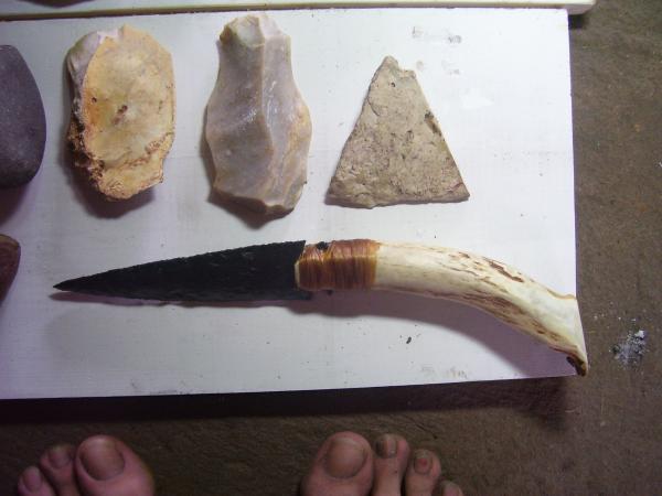 left to right, palm scraper (turtleback), utility knife, and hearthboard tool. knife on bottom made by Craig W. is my personal deer skinner with right hand twist.